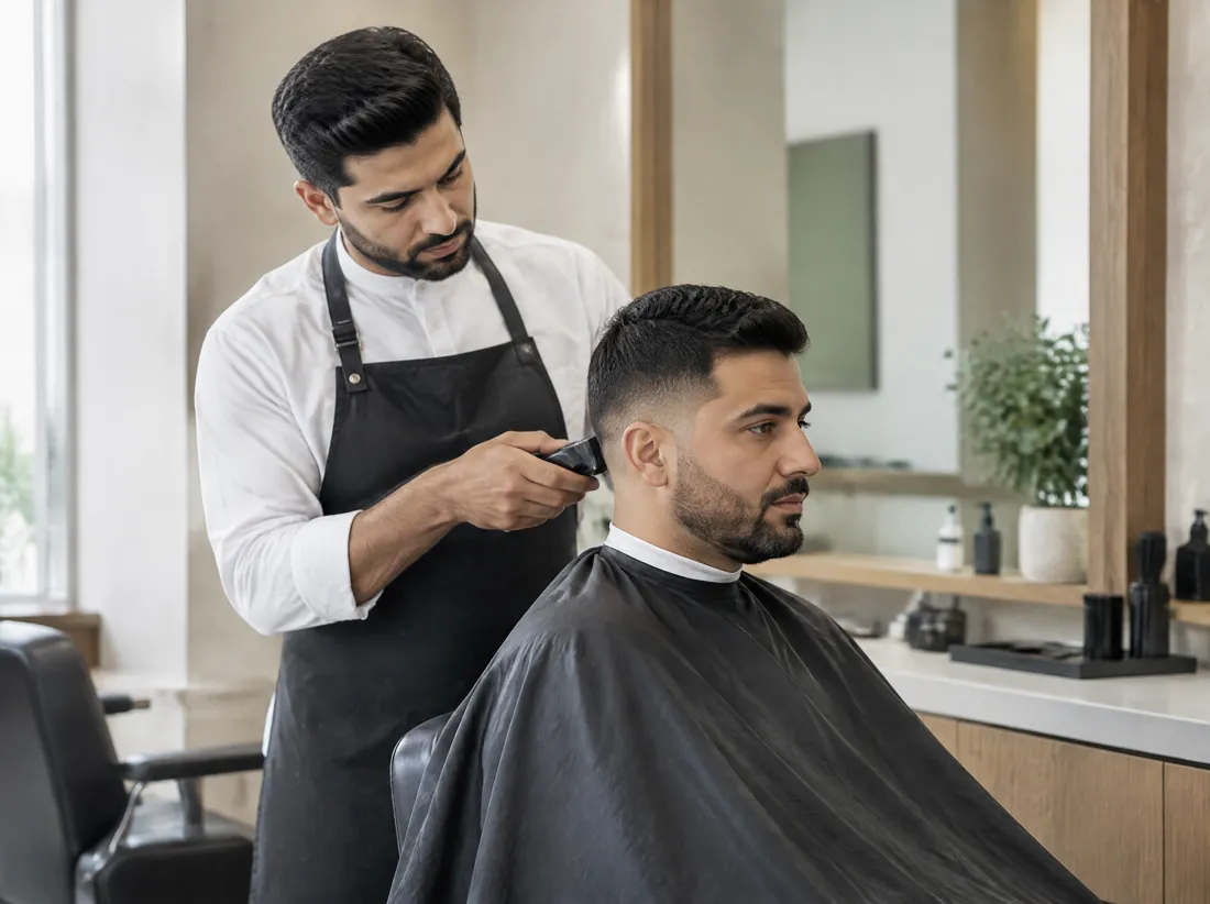 مشهد توضيحي لحلّاق يعتني بزبون في صالون محلي